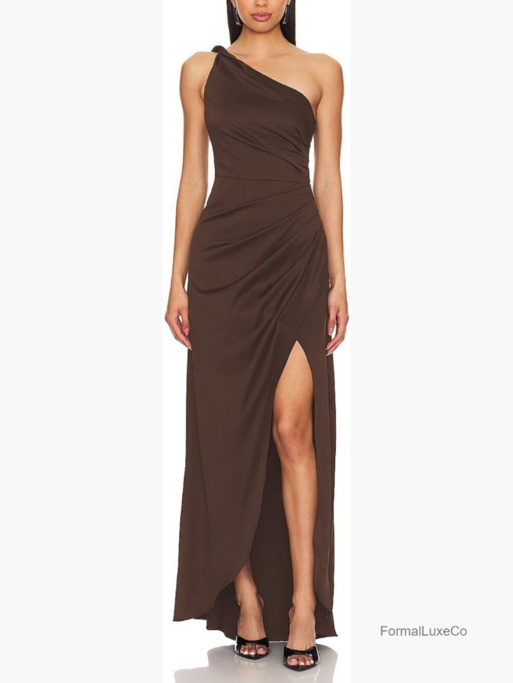 One Shoulder Ruched Maxi Dress Bodycon Formal Evening Gown Sleeveless High Slit